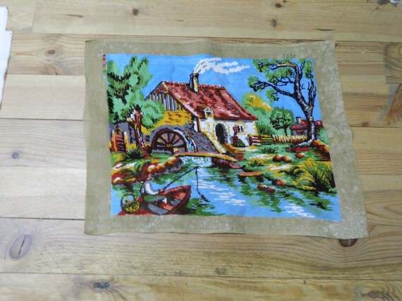 Country French, canvas needle point, Finished Tapestry, Vintage Needlepoint, Hanging Tapestries, Completed canvases, textile gift canevas,