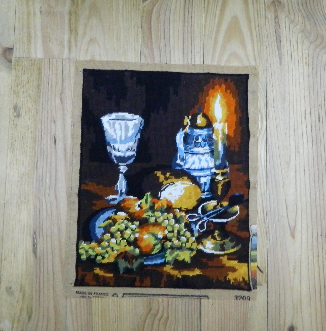 Nature Morte, Nature Morte Toile, Bol de Fruits, Verre Vin, Tapisserie, Vintage Français, Tenture Mu