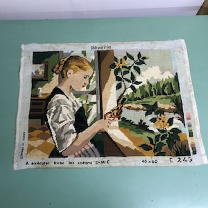 Girl Needlepoint Canvas, Wall Tapestry, Hanging Tapestries, Made in France, Completed canvases, petit point canvas, canevas, country scene,