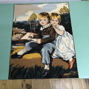 needlepoint canvas, needlepoint canevas, Wall Hanging Tapestries, Made in France Completed canevas, Finished needle points, boy and girl
