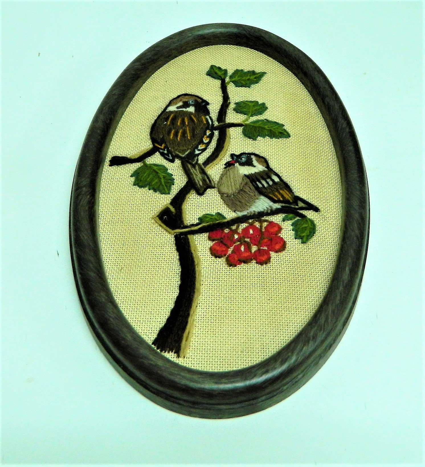 Deux Oiseaux, Toile Encadrée, Fini Long Point de Tapisserie, Tapisseries La Tenture Murale, Made in 