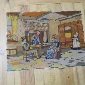 Vintage French, Needlepoint Canvas, Tapestry, Wall Hanging, Tapestries, Made in France, Completed, canvases, Country Kitchen Scene, Breton