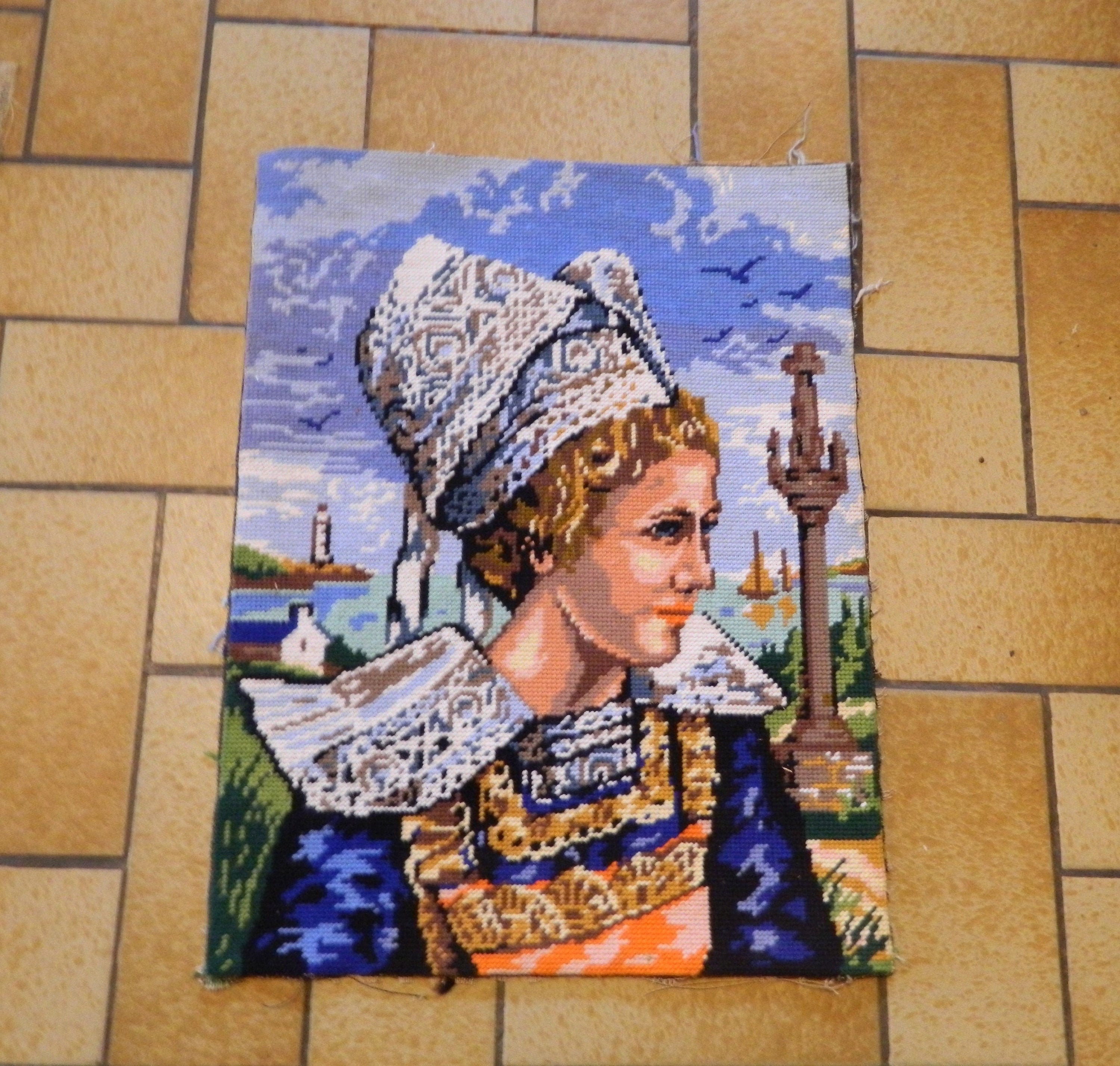 Vintage Français, Dame Bretonne, Toile Needlepoint, Tapisserie Murale, Tapisseries Suspendues, Made 