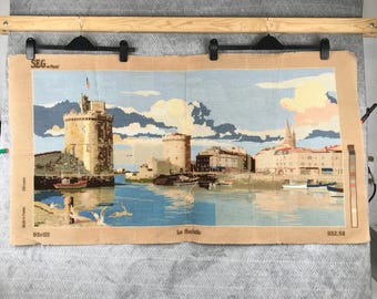 French chateau, La Rochelle, Part done, Vintage needlepoint canvas, tapestry canvas, Tapestries Made in France, needs sewing, Seg harbour