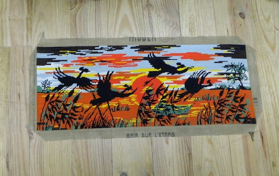 Flying birds, flying bird art, Vintage French, Bird Tapestry, Needlepoint Canvas, Wall Hanging, Tapestries, Made in France, Moden canvas,