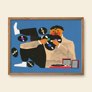 Junge mit Schallplatten, kleines Poster, Bild, Illustration, Musik, Büro, Zimmer, Kinder, Wand, blau, poliert, Druck, Kunst, vintage, 30x40