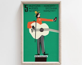 Man in hat with guitar standing on chimney, Musical Autumn, original music gig poster, print, illustration, art, decor, unusual size, 36x60