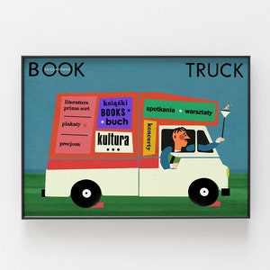 BOOK TRUCK car with literature, original polish poster, print, illustration, art, plakat, bookstore, retro, horizontal, bookstore, Wrocław