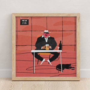 Sad man drinking beer at a table in a bar with a dog, small poster, illustration, picture, print, home, wall, decor, art, red, bar, 30x30 cm