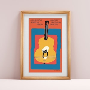 Cat hanging panties on guitar, Musical Autumn, original music poster, print, illustration, art, vintage, cats, room, wall, decor, 36x60 cm