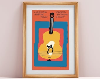 Cat hanging panties on guitar, Musical Autumn, original music poster, print, illustration, art, vintage, cats, room, wall, decor, 36x60 cm