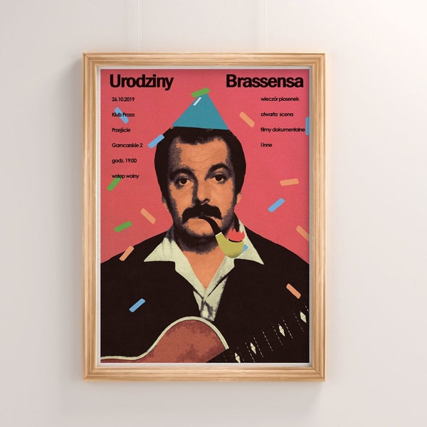 Georges Brassens, pink poster from a cultural event in Wrocław, Chanson française, affiche, barde avec une guitare dans une casquette, 50x70