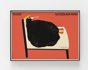 This is happy hen, original polish poster, print, illustration, art, plakat, chicken, rooster, love animals, red, sleeping, relax, B2 50x70