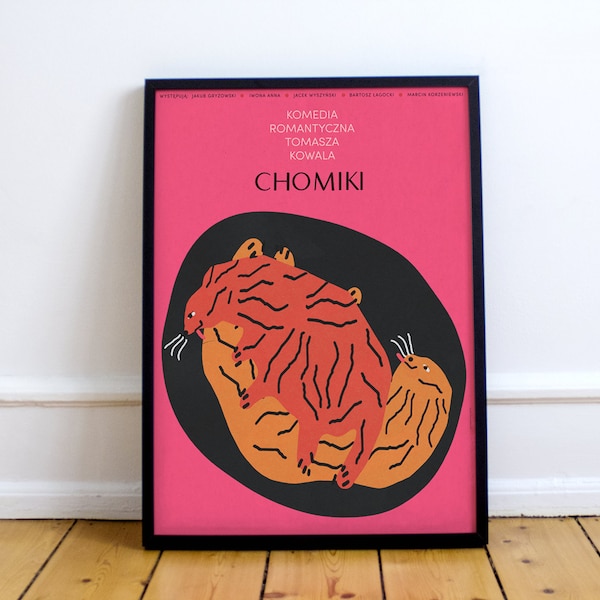 Chomiki (hamsters), independent polish movie by Tomasz Kowal, plakat, pink, animals, pets, love, art, vintage, wall, comedy, A1 84,1x59,4