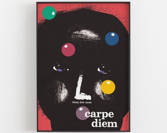 Carpe diem, chwytaj dzień, cartel optimista, impresión, ilustración, arte, plakat, retro, decoración, pared, hogar, rojo, negro, cara, desmotivación, B2