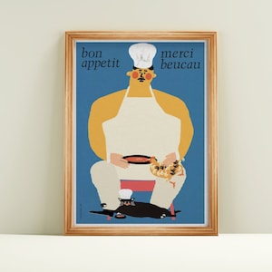 Bon appetit, vegan, kitchen, chef, hen, cat, original polish poster, print, illustration, art, retro, vintage, wall, home, blue, B2 50x70