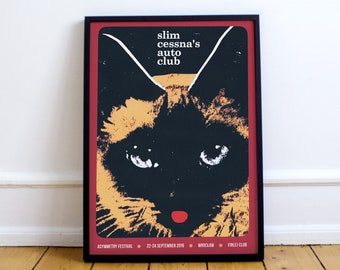 Festival Asymmetry 2016, cartel del Slim Cessna's Auto Club, concierto, cartel de concierto, impresión, gato, gatito, arte, música, Wrocław, B2, 50x70