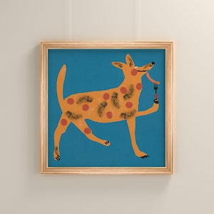 Ginger dog eats sausage with a fork, a poster for children and dog lovers, square, illustration, blue, picture, print, home, wall art, 30x30
