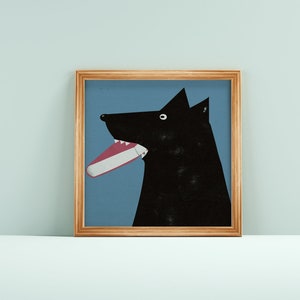 Poster carré DOG EAT BOOK, petit, bleu, décoration, image, pour mur, pour cadre, chiens, cabans, lecture, illustration, impression d'art pour la maison 30 x 30
