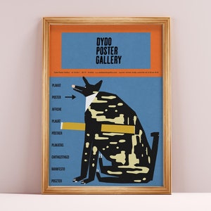 Dydo Poster Gallery 2024, original polish poster made for a polish gallery, dog holding a tube with posters, print, blue, for wall, B2 50x70