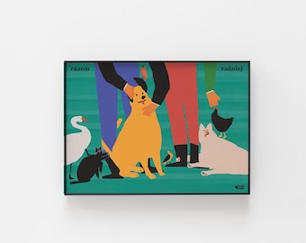 Può includere: Un'illustrazione colorata di un cane, due gatti, un'oca e un pollo. Il cane è giallo e i gatti sono bianco e nero. L'oca è bianca e il pollo è nero. Gli animali sono circondati da due persone con le loro gambe e piedi visibili. Il testo "razem" e "raźniej" è visibile nella parte superiore dell'immagine.
