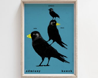 Types of jackdaws: big, small, espresso, original polish poster, print, illustration, art, wall decor, hanging, home, room, aesthetic, birds