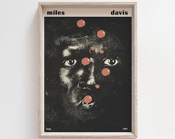 May include: Black and white portrait of Miles Davis with the text "miles" and "davis" in white lettering above and below the portrait. The years "1926" and "1991" are in white lettering below the portrait. The portrait has several small, orange-red circles scattered around the face.
