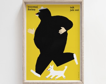 Be fit like them, runner, dog, original polish poster, print, illustration, art, plakat, health, dog, yellow, vintage, on the wall B2 50x70