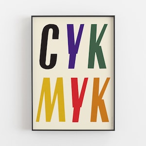 CYK MYK oryginal poolse poster, plakat, minimalistisch, typografie, vintage, retro, kunst, kantoor, slaapkamer, kinderen, kleuren, muur, wit, letters, B2
