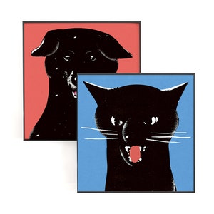 Moody dog and cat - set de 2 pequeños carteles cuadrados, azul, rojo, decoración, cuadro, para pared, para marco, ilustración, print home, art 30x30