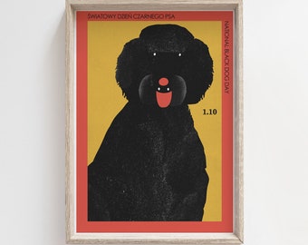 May include: A poster featuring a black dog silhouette against a yellow background. The text on the poster reads "Światowy Dzień Czarnego Psa" and "National Black Dog Day" with the date "1.10".