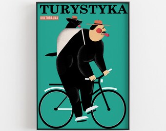 Cultural tourism, cyclist with a dog, original polish poster, print, illustration, art, plakat, health, hats, green, room, wall, retro, B2
