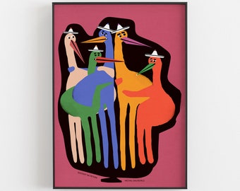 May include: A colourful illustration of five birds with long legs and white hats. The birds are standing on a pink background. The illustration is framed in black.
