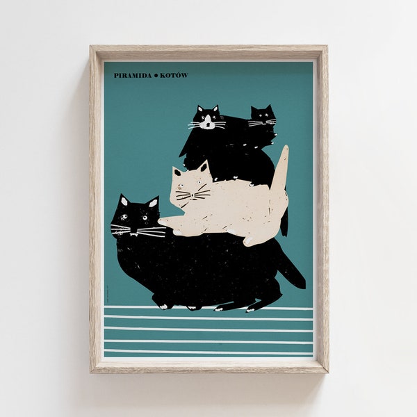 Pyramid of Cats, piramida kotów, original polish poster, plakat, koty, print, illustration, art, animals, vintage, blue, for home, B2 50x70