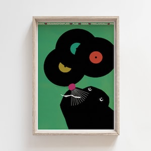 Seal juggling with vinyls, original polish poster, print, illustration, art, vinyl, recording, music, green, plakat, foka z płytami B2 50x70