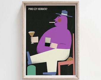 Beer or Tea? Kawa czy herbata, original polish poster, print, illustration, art, plakat, cat, black, for home, vintage, retro, B2, 50x70cm