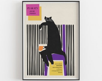 Sad cat with beer, original polish exhibition poster, gallery, print, illustration, art, vintage, cats, poland, plakat, room, wall, B1 68x98