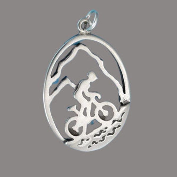 Sterling Silver Mountain Biker Biking Charm Pendant