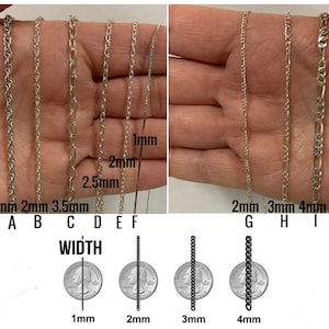 May include: Close-up of nine silver chains of different widths, ranging from 1mm to 4mm. The chains are laid out on a hand and next to a US quarter for size comparison. The chains are labeled with their width in millimeters.