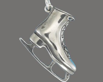 3D LOVELY SILVER & BLACK ICE SKATE BOOT CLIP  ON CHARM SILVER PLATE 