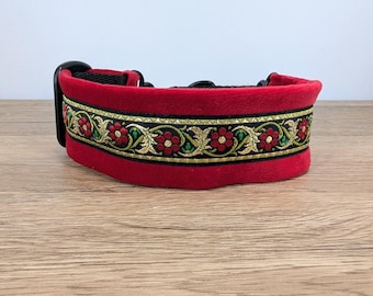 Red Roses Velvet Lined Made-to Measure 40mm wide Martingale Half/ Check Collar