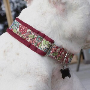 K&ouml;nnte beinhalten: Ein wei&szlig;er Hund, der ein rotbraunes und blumiges Hundehalsband mit einem silbernen Knochenanh&auml;nger tr&auml;gt.