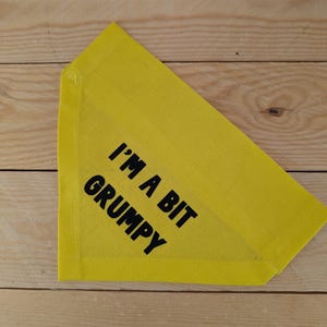 May include: Yellow dog bandana with black text that reads "I'm a bit grumpy".