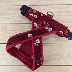 May include: Red dog harness with a white daisy floral pattern. The harness has a black buckle and a silver ring.