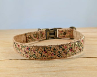 Cork Vegan Leather Small Floral Pattern Dog Collar