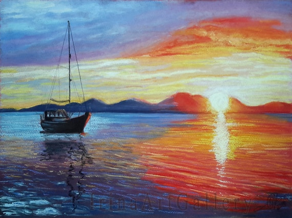 Yacht Paysage Coucher De Soleil Pastel Peinture Impressionniste Art Original Unique Soleil Bateau 12 X 16 30 X 40 Cm