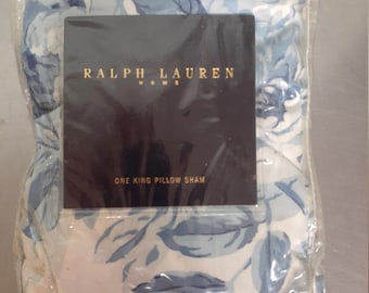 Federa per cuscino matrimoniale King size vintage Ralph Lauren Home Elsa blu con volant, nuova, blu e bianca.