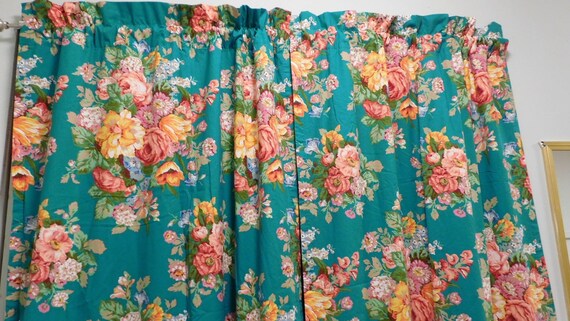 Rare India Street Pair of Drapes by Ralph Lauren-Teal and Vibrant Florals 84 long