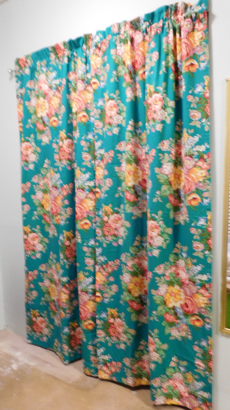 Rare India Street Pair of Drapes by Ralph Lauren-Teal and Vibrant Florals 84 long