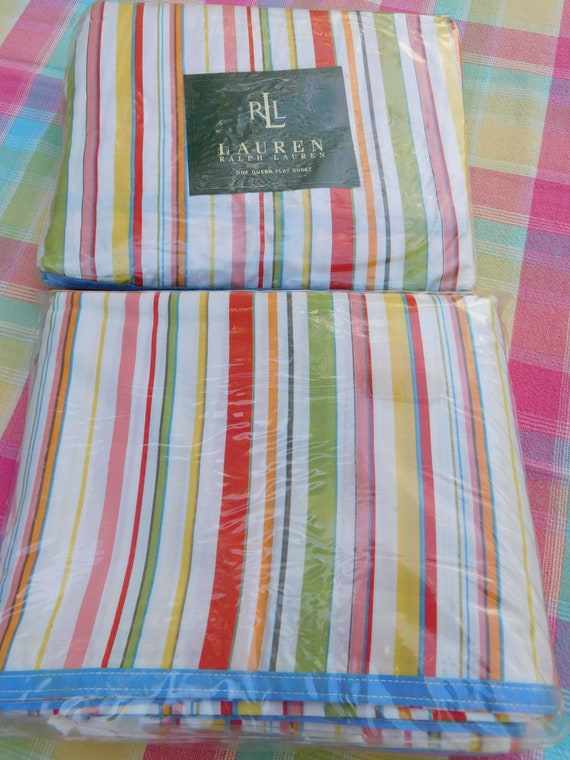 Vintage Ralph Lauren Harbor Stripe Queen Flat Sheet-new-new Old
